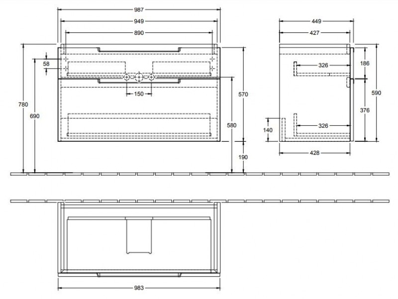 Villeroy&Boch Subway 2.0 szafka pod umywalkę 100 cm 98,7 x 59 cm Glossy Grey szary połysk A91500FP