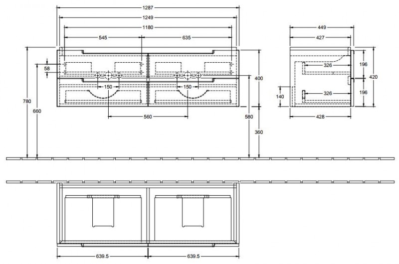 Villeroy&Boch Subway 2.0 szafka pod umywalkę podwójną 130 cm 128,7 x 42 cm Glossy Grey szary połysk A69200FP
