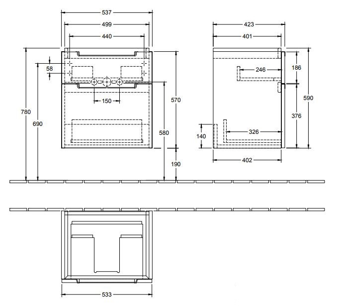Villeroy&Boch Subway 2.0 szafka pod umywalkę 55 cm 53,7x59 cm Glossy Grey szary połysk A90800FP