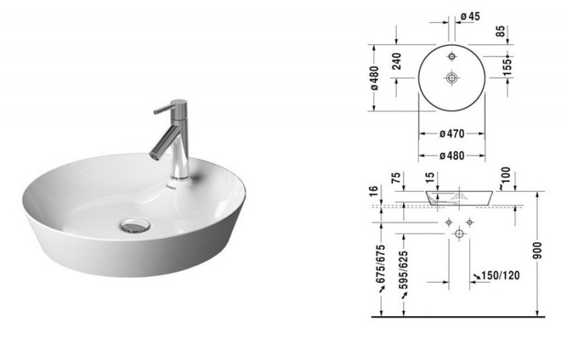 Duravit Cape Cod umywalka stojąca na blacie z otworem na baterie 48cm biała 2328480000