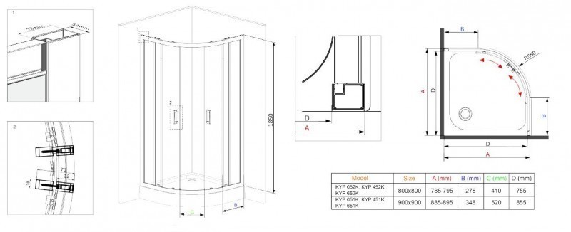 Deante Funkia kabina półokrągła drzwi rozsuwane 90x90 chrom szkło przeźroczyste KYP051K