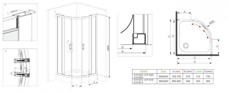 Deante Funkia kabina półokrągła drzwi rozsuwane 80x80 chrom szkło szronione KYP652K