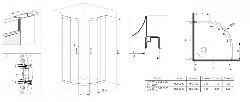 Deante Funkia kabina półokrągła drzwi rozsuwane 80x80 chrom szkło grafitowe KYP452K