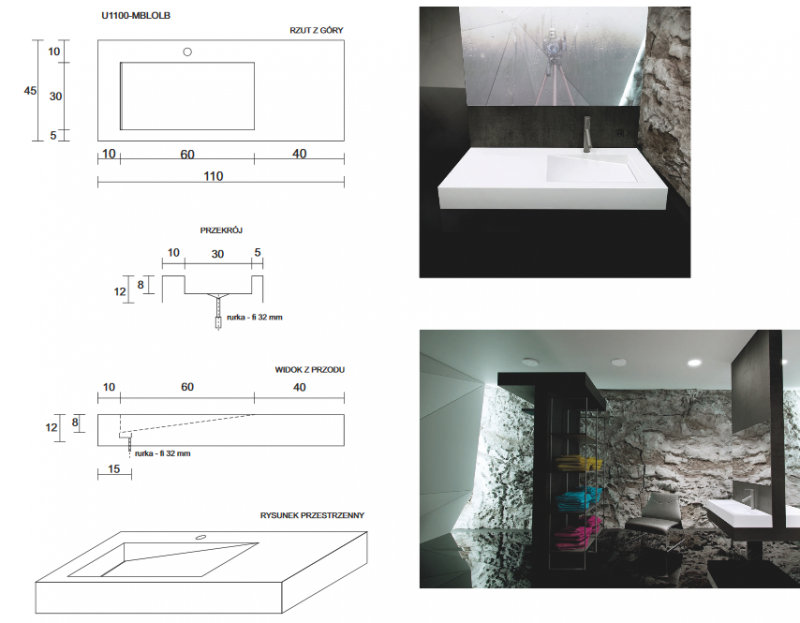 Cristalstone Linea Ideal umywalka z blatem lewa 110x45 cm z odpływem liniowym biały satynowy mat U1100-MBLOLB