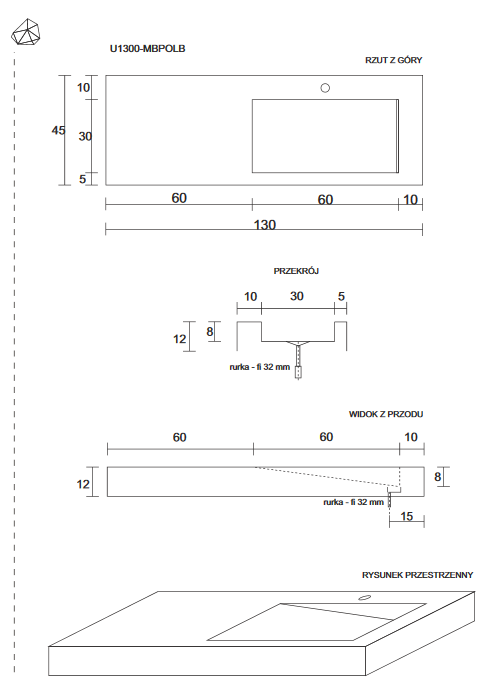 Cristalstone Linea Ideal umywalka z blatem prawa 130x45 cm z odpływem liniowym biały satynowy mat U1300-MBPOLB