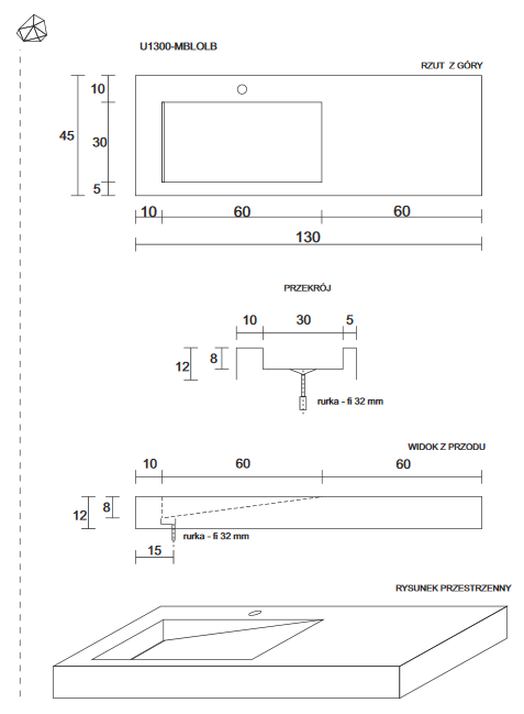 Cristalstone Linea Ideal umywalka z blatem lewa 130x45 cm z odpływem liniowym biały satynowy mat U1300-MBLOLB