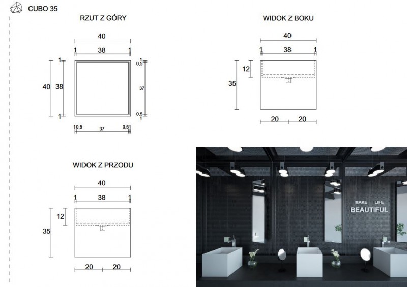 Cristalstone Separado Cubo 35 umywalka stawiana na blat 40x40 cm biały satynowy mat C-35