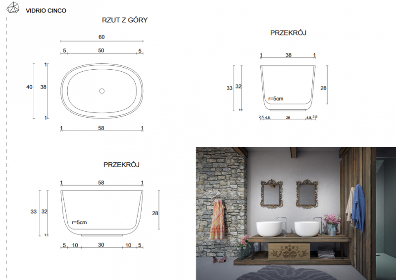 Cristalstone Separado Vidrio Cinco umywalka stawiana na blat 60x40 cm biały satynowy mat VID-CIN