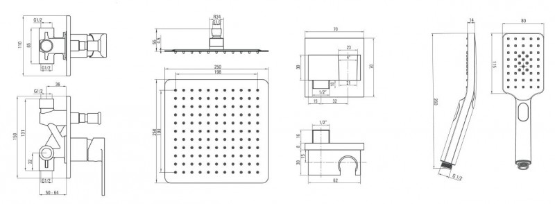 Deante Alpinia zestaw prysznicowy podtynkowy z deszczownicą 25x25 chrom połysk NAC09LP