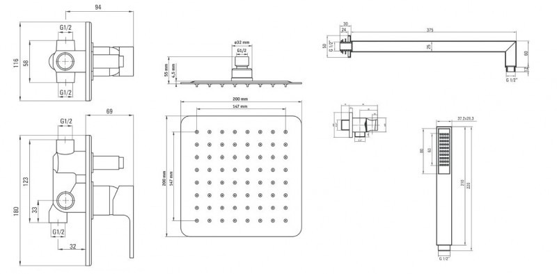 Deante Anemon zestaw prysznicowy podtynkowy z deszczownicą 20x20 biały/chrom NAC09AP