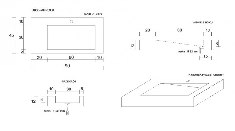 Cristalstone Linea Ideal umywalka prawa 90x45 cm z odpływem liniowym biały satynowy mat U900-MBPOLB