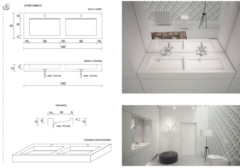 Cristalstone Linea Ideal umywalka podwójna 140x45 cm z odpływem liniowym biały satynowy mat U1400-2XMOLC