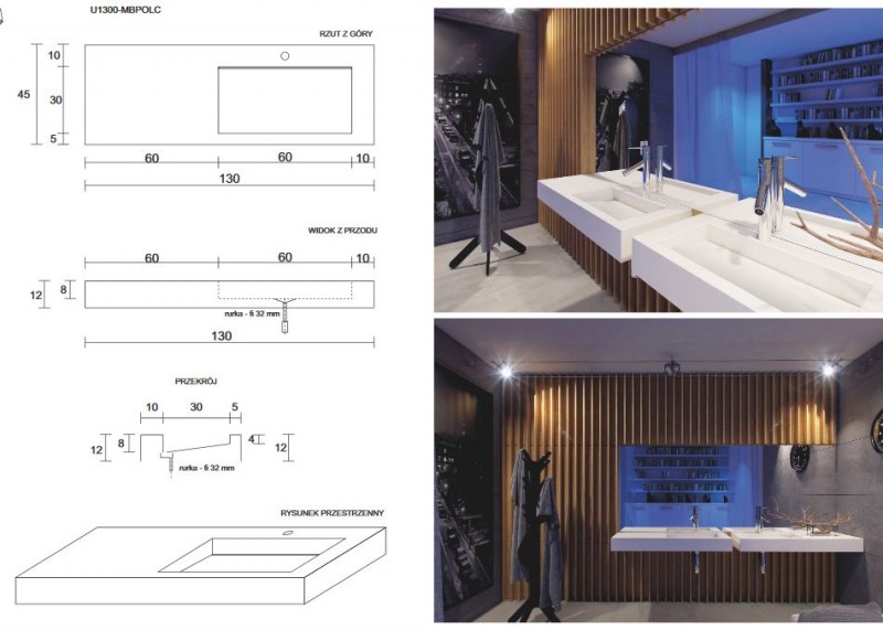 Cristalstone Linea Ideal umywalka z blatem prawa 130x45 cm z odpływem liniowym biały satynowy mat U1300-MBPOLC