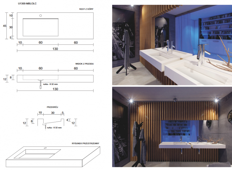 Cristalstone Linea Ideal umywalka z blatem lewa 130x45 cm z odpływem liniowym biały satynowy mat U1300-MBLOLC