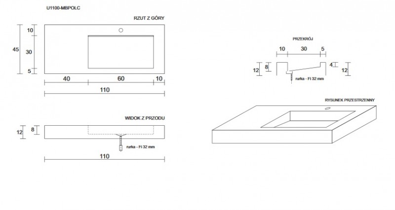 Cristalstone Linea Ideal umywalka z blatem prawa 110x45 cm z odpływem liniowym biały satynowy mat U1100-MBPOLC