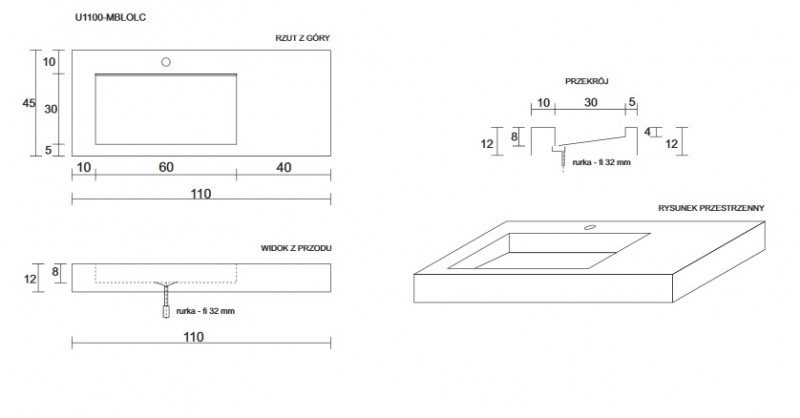 Cristalstone Linea Ideal umywalka z blatem lewa 110x45 cm z odpływem liniowym biały satynowy mat U1100-MBLOLC