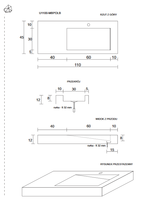 Cristalstone Linea Ideal umywalka z blatem prawa 110x45 cm z odpływem liniowym biały satynowy mat U1100-MBPOLB