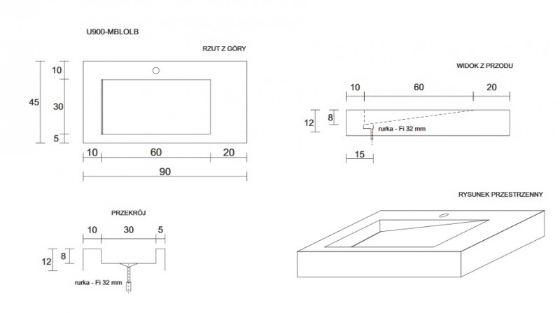 Cristalstone Linea Ideal umywalka lewa 90x45 cm z odpływem liniowym biały satynowy mat U900-MBLOLB