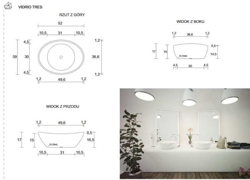 Cristalstone Separado Vidrio Tres umywalka stawiana na blat 52x39 cm biały satynowy mat VID-TRE