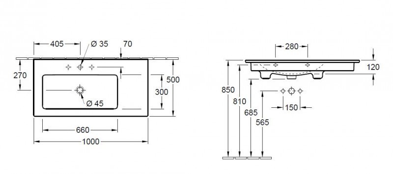 Villeroy&Boch Venticello umywalka z misą po lewej stronie 100cm z przelewem weiss alpin ceramicplus 4134L3R1