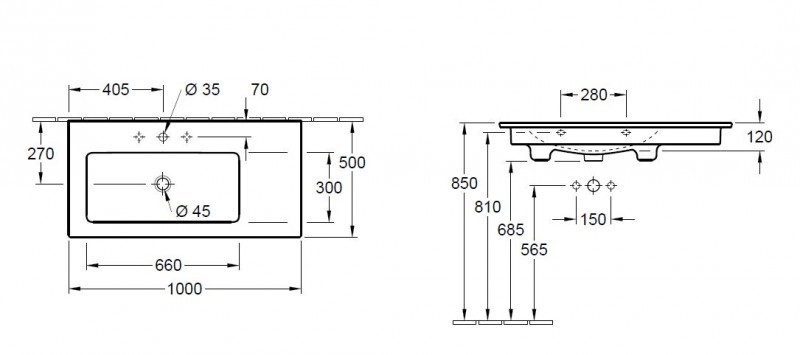Villeroy&Boch Venticello umywalka z misą po lewej stronie 100cm z przelewem weiss alpin 4134L301