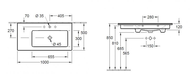 Villeroy&Boch Venticello umywalka z misą po prawej stronie 100cm z przelewem weiss alpin ceramicplus 4134R1R1