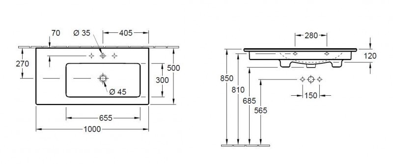 Villeroy&Boch Venticello umywalka z misą po prawej stronie 100cm z przelewem weiss alpin ceramicplus 4134R3R1
