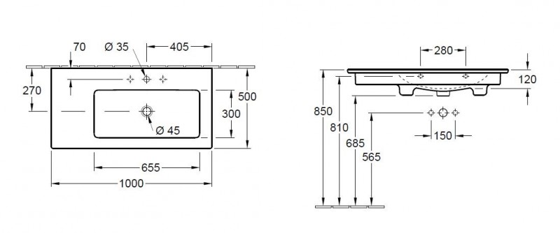 Villeroy&Boch Venticello umywalka z misą po prawej stronie 100cm z przelewem weiss alpin 4134R101