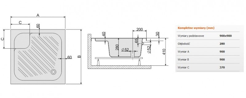 Sanplast Classic Bzs/CL brodzik kwadratowy głęboki z siedziskiem 90x90 akryl biały 615010025001000