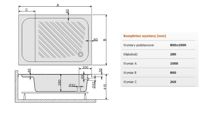 Sanplast Classic Bzs/CL brodzik prostokątny głęboki z siedziskiem 80x100 akryl biały 615010052001000
