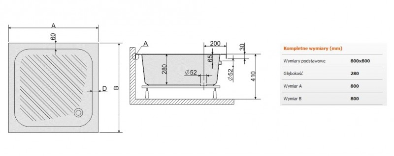 Sanplast Classic Bbs/CL brodzik kwadratowy głęboki 80x80 akryl biały 615010022001000