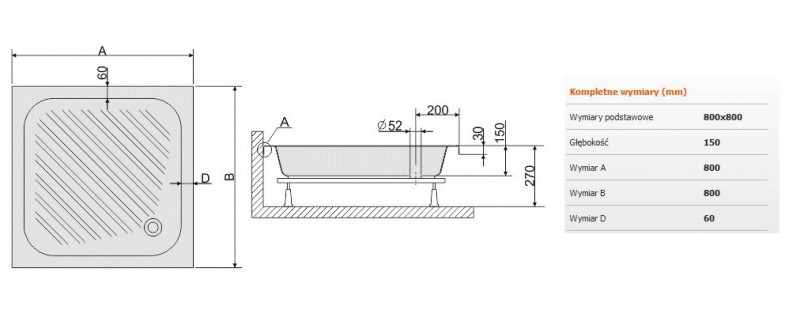 Sanplast Classic B/CL brodzik kwadratowy 80x80 akryl biały 615010003001000
