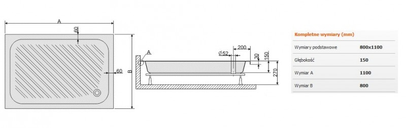 Sanplast Classic B/CL brodzik prostokątny 80x110 akryl biały 615010044001000