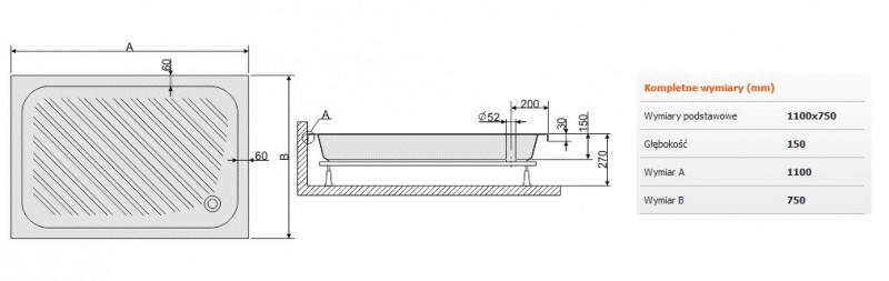 Sanplast Classic B/CL brodzik prostokątny 75x110 akryl biały 615010034001000