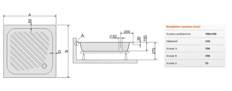 Sanplast Classic B/CL brodzik kwadratowy 70x70 akryl biały 615010001001000