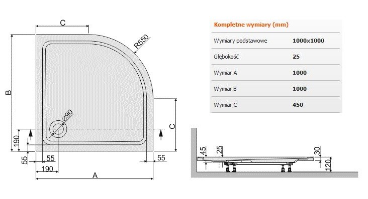 Sanplast Free Line BP/FREE brodzik półokrągły 100x100x2,5 akryl biały 615040444001000