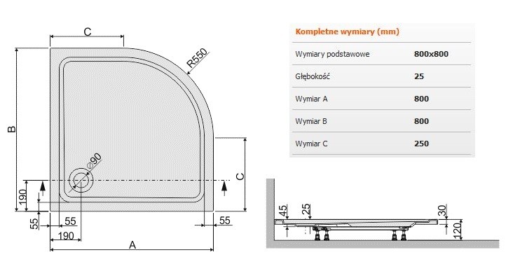 Sanplast Free Line BP/FREE brodzik półokrągły 80x80x2,5 akryl biały 615040442001000