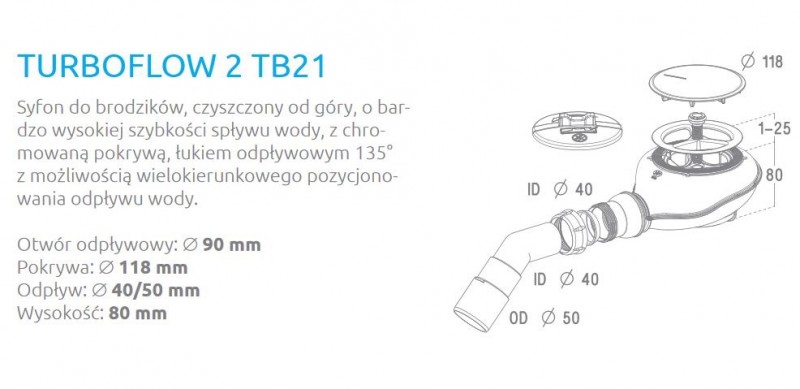 Radaway Turboflow 2 syfon brodzikowy 90 chrom TB21