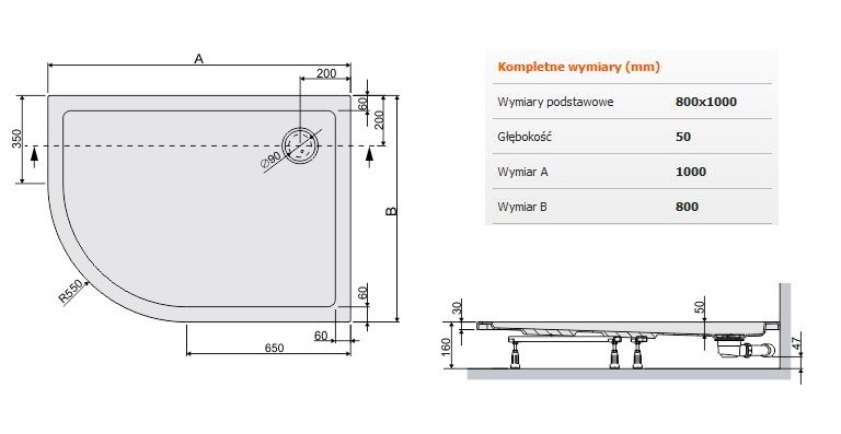 Sanplast Free Line BPP/FREE brodzik półokrągły asymetryczny prawy 80x100 akryl biały 615040177001000