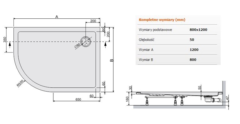 Sanplast Free Line BPP/FREE brodzik półokrągły asymetryczny prawy 80x120 akryl biały 615040179001000