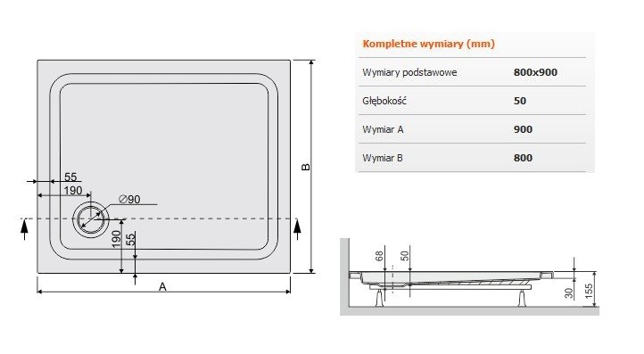 Sanplast Free Line B/FREE brodzik prostokątny 80x90x5 akryl biały 615040135001000