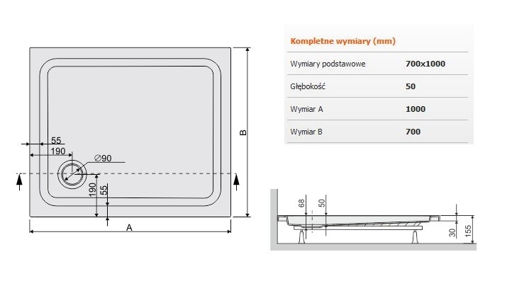 Sanplast Free Line B/FREE brodzik prostokątny 70x100x5 akryl biały 615040127001000