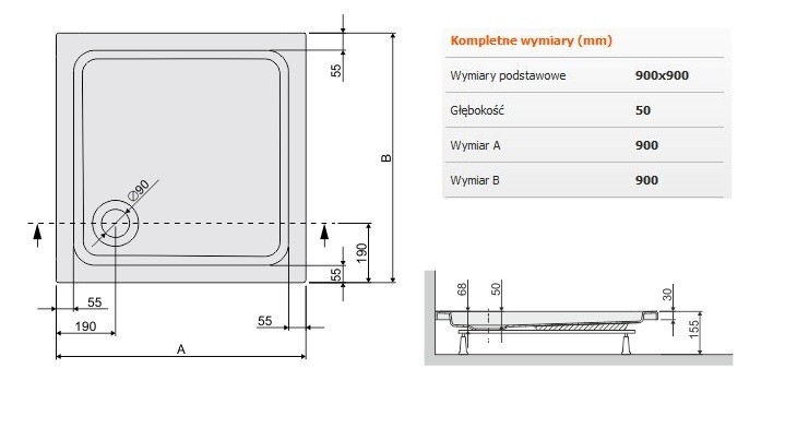 Sanplast Free Line B/FREE brodzik kwadratowy 90x90x5 akryl biały 615040103001000