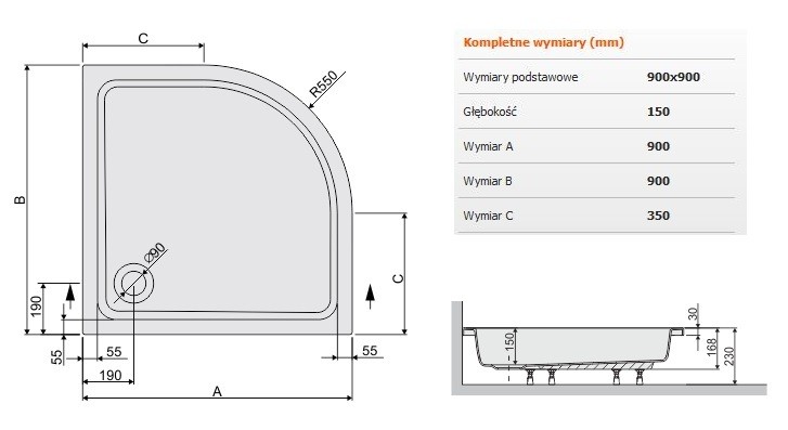 Sanplast Free Line BP/FREE brodzik półokrągły 90x90x15 akryl biały 615040223001000