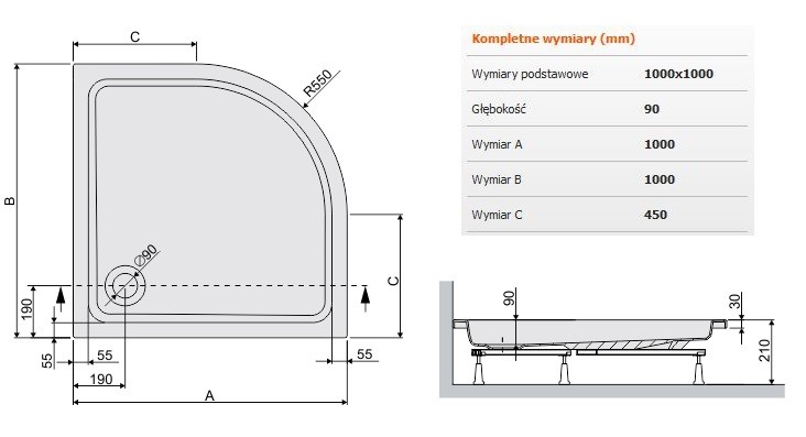 Sanplast Free Line BP/FREE brodzik półokrągły 100x100x9 akryl biały 615040024101000