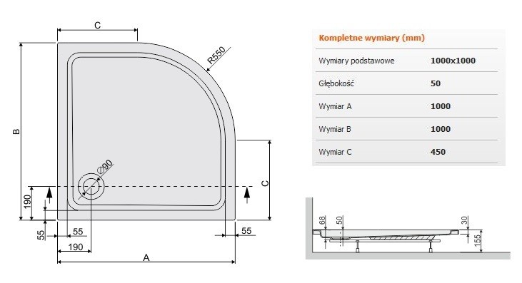 Sanplast Free Line BP/FREE brodzik półokrągły 100x100x5 akryl biały 615040144001000