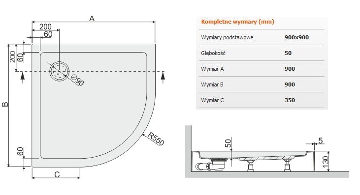 Sanplast Free Line BPza/FREE brodzik półokrągły 90x90x5 akryl biały 615040173001000
