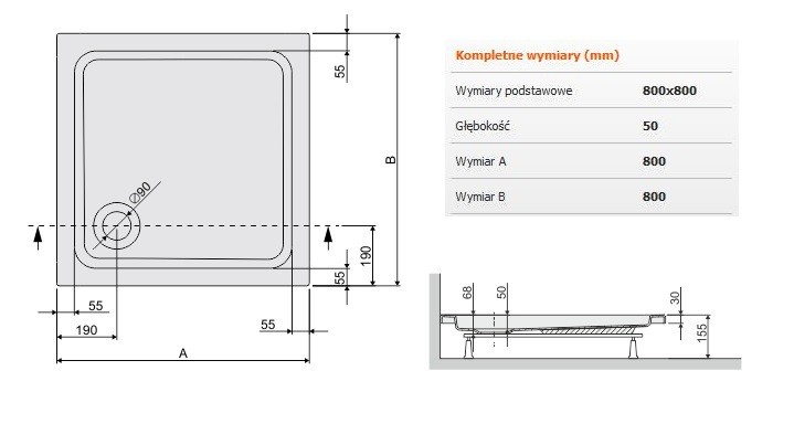 Sanplast Free Line B/FREE brodzik kwadratowy 80x80x5 akryl biały 615040102001000