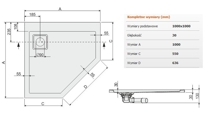 Sanplast Space Line BPK/SPACE brodzik pięciokątny 100x100 akryl biały 615110054001000