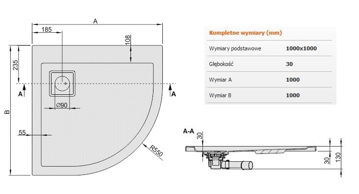 Sanplast Space Line BP/SPACE brodzik półokrągły 100x100 akryl biały 615110034001000